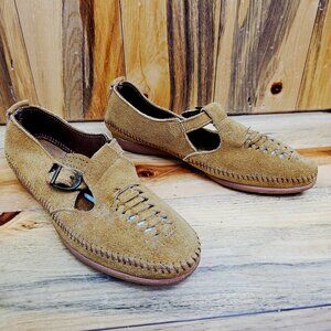 Minnetonka Suede T-Strap Flat Moccasin Slipper